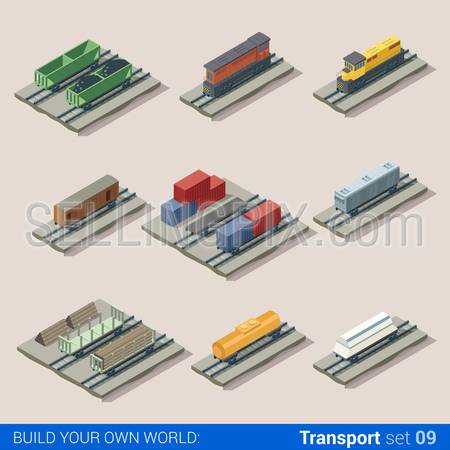 Flat 3d isometric railroad locomotive carriage cistern tank transport building block infographic set. Transportation puffer loco coal wood container car. Build your own infographics world collection.