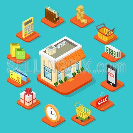 Shop store building infographic icon set flat 3d isometric style. Coin shopping cart bag banknote smart phone sale work schedule gift credit card calculator wallet. Business info graphics template.