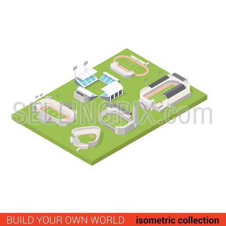 Flat 3d isometric sport stadium ground playground building block infographic concept. Soccer american football tennis baseball rugby. Build your own infographics world collection.