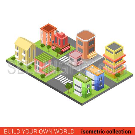 Flat 3d isometric city street cross building block infographic concept. Build your own infographics world collection.