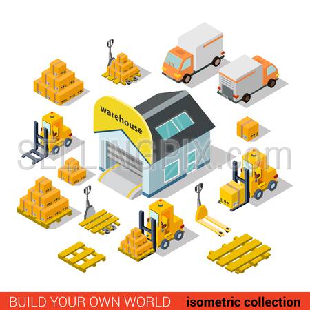 Flat 3d isometric warehouse delivery building transport infographic concept. Deliver van truck loader forklift pallet. Build your own infographics world collection.