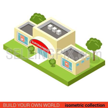 Flat 3d isometric city supermarket building block infographic concept. Build your own infographics world collection.