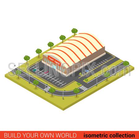 Flat 3d isometric tent sale wholesale building block infographic concept. Build your own infographics world collection.