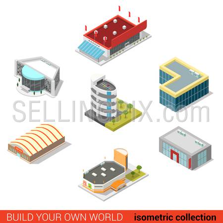 Flat 3d isometric public buildings block infographic concept. Ice hockey arena parking car dealership tent sale mall supermarket cinema. Build your own infographics world collection.