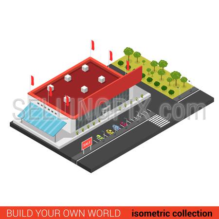 Flat 3d isometric supermarket mall sale building block infographic concept. Build your own infographics world collection.