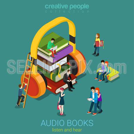 Audio books flat 3d isometric electronic library concept. Micro people on pile of books listening to the huge headphones. Creative people collection.