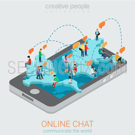 Online chat flat 3d isometric concept. Big smartphone world map and micro people chatting using laptop smart phone tablet. Creative people technology collection.