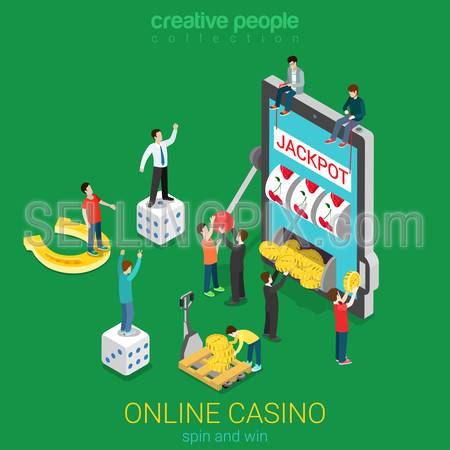 Online casino flat 3d isometric luck success gambling concept. Micro people and huge smart phone tablet device spin the wheel jackpot coin cube. Creative people collection