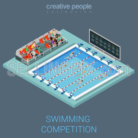 Swimming pool competition flat 3d isometric info graphics concept. Sportsmen swim line race indoor interior infographics. Creative people collection.