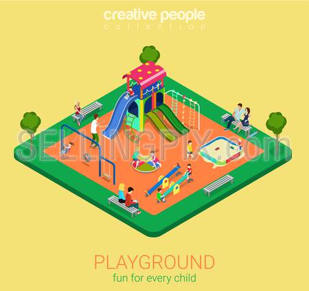Children playground flat 3d isometric infographics concept. Sandpit swing slide rocker carousel rope ladder bench info graphics objects. Creative people collection.