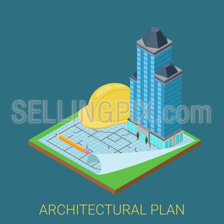 Architectural plan flat 3d isometric concept. Skyscraper glass building on paper floor sketch and big pencil construction helmet. Business conceptual infographics collection.
