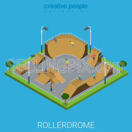 Skate roller arena rollerdrome flat 3d isometric city building outdoor concept. Teenagers on skateboard facility. Build your own world collection.