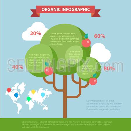 Organic life flat style thematic infographics concept. Global eco friendly tree branch shape lifestyle info graphic. Conceptual web site infographic collection.