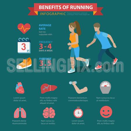Running benefits flat style thematic infographics concept. Health care sports exercise lungs brain muscle weight loss schedule info graphic. Conceptual web site infographic collection.