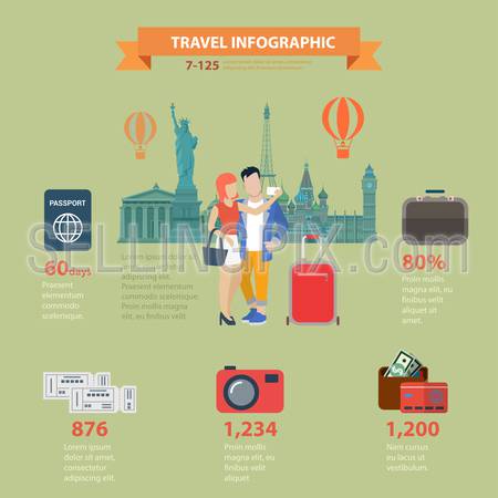 Travel vacation sightseeing flat style thematic infographics concept. Visa passport luggage ticket boarding pass photo picture card cash money info graphic. Conceptual web site infographic collection.
