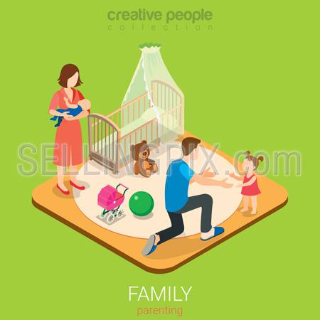 Family time parenting flat 3d isometric web infographic concept. Dad in child room with daughter and mom with son. Creative people family collection.