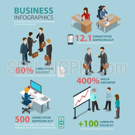 Business situations flat style thematic infographics concept. Meeting manager secretary reception finance accounting team report info graphic. Conceptual web site infographic collection.