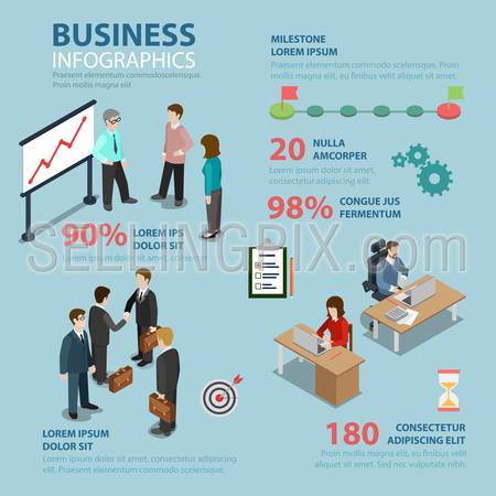 Business timeline milestone flat style thematic infographics concept. Report marketing targeting checklist info graphic. Conceptual web site infographic collection.