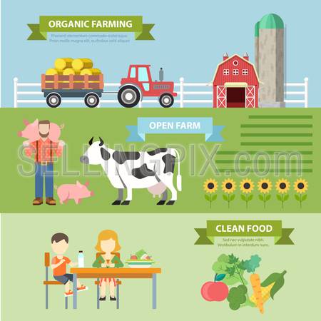 Organic natural farm flat style thematic infographics concept. Natural farming ecological food growth clean food info graphic. Conceptual web site infographic collection.