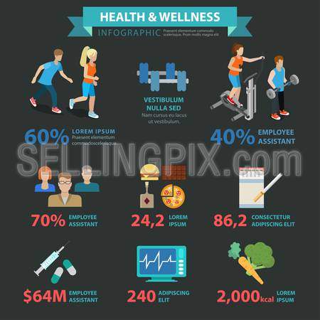 Health wellness flat style thematic sports infographics concept. Healthy lifestyle exercise activity fast food smoking organic food running info graphic. Conceptual web site infographic collection.