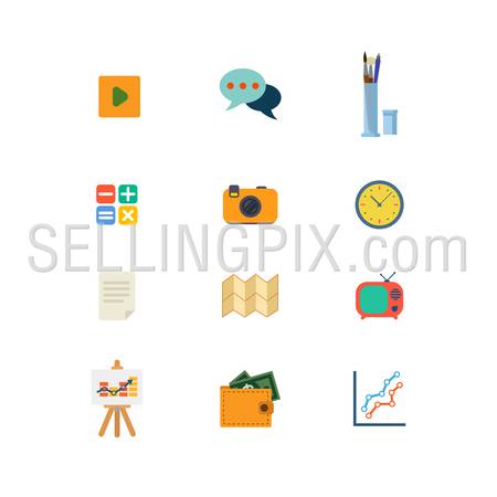 Flat style modern money finance report mobile web app concept icon set. Play video chat calculate watch tv time schedule camera gallery wallet banknote document. Website icons collection.