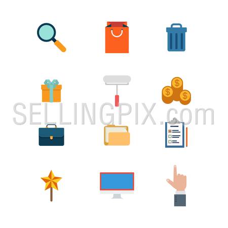 Flat style modern business mobile web app concept icon set. Search add to shopping bag cart trash can gift box coin money cent briefcase folder checklist star monitor touch. Website icons collection.