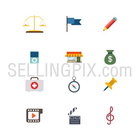 Flat style modern law judicial business web app concept icon set. Scales flag pencil mp3 player local shop store money bag emergency kit briefcase compass pin treble clef. Website icons collection.