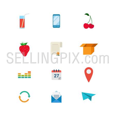 Flat style modern mobile food and drink cafe bar restaurant web app concept icon set. Soda sweet water cherry strawberry license certificate open box date map pin paper plane. Website icons collection