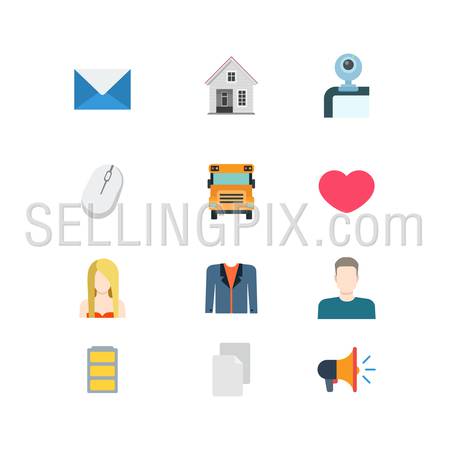 Flat style modern mobile web app concept icon set. Email message envelope house web-camera mouse school bus heat like young blond girl suit man battery document loudspeaker. Website icons collection.