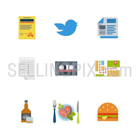 Flat style modern mobile restaurant web app concept icon set. License certificate bird tweet newspaper notepad audio cassette map route navigation whiskey whisky steak burger. Website icons collection