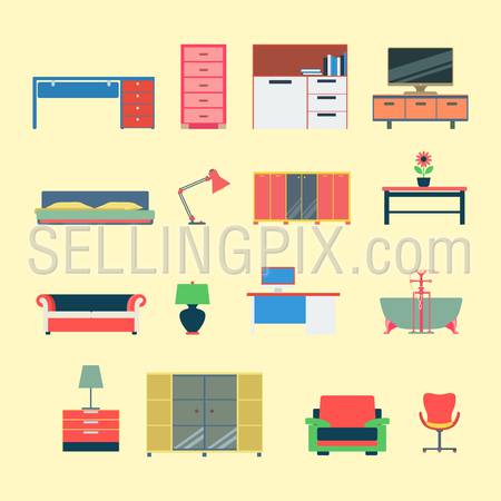 Flat style modern creative furniture web app concept icon set. Website interior object vector icons collection.