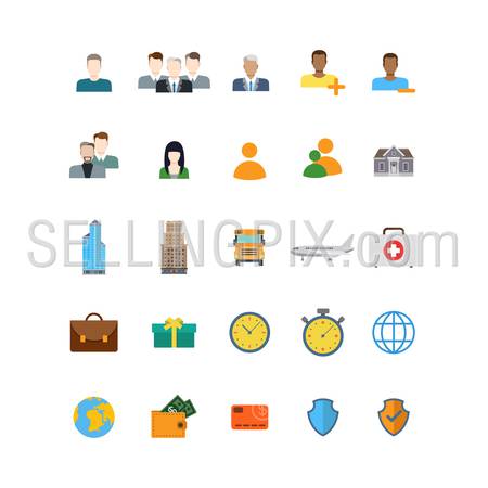 Flat style creative modern mobile web app concept icon set. People profile skyscraper plane emergency medical briefcase kit time stopwatch globe wallet card shield protection. Website icons collection