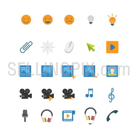 Flat style creative modern mobile web app concept icon set. Smile lamp idea spiderweb mouse pointer picture photo video camcorder music note treble clef microphone headphones telephone. Website icons collection.
