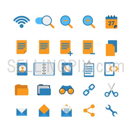 Flat style creative modern mobile web app concept icon set. Wi-fi network zoom in out calendar address phone book folder binoculars cut link email message share options. Website icons collection.