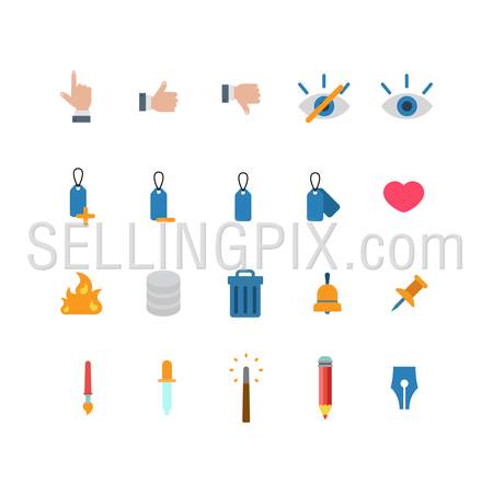 Flat style creative modern mobile web app concept icon set. Like dislike touch eye label heart like fire database trash can bell pin pipette brush magic wand pencil. Website icons collection.
