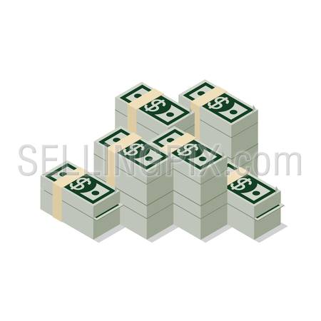 Flat 3d isometric heap of dollar banknote pack web infographics concept. Creative people collection.