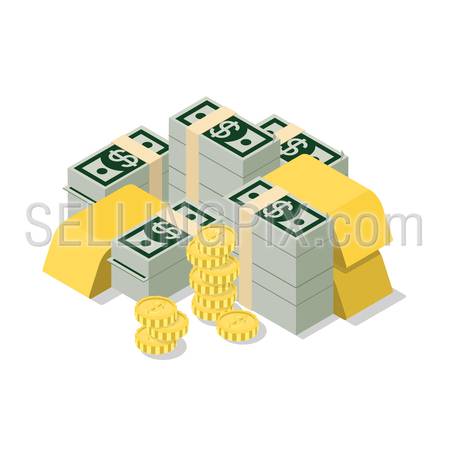 Flat 3d isometric heap of dollar banknote pack coin golden bar web infographics concept. Creative people collection.