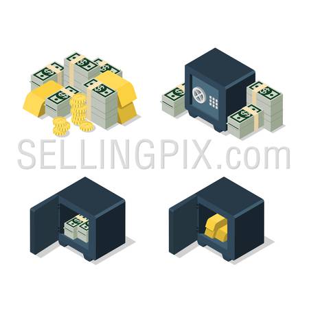 Flat 3d isometric set of dollar banknote coin golden bar heap security safe web infographics concept. Creative people collection.