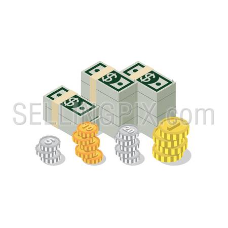 Flat 3d isometric heap of dollar banknote pack coin web infographics concept. Creative people collection.