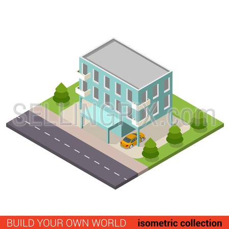 Flat 3d isometric creative municipal office condo condominium hostel dormitory modern building block info graphic concept. Build your own infographics world collection.