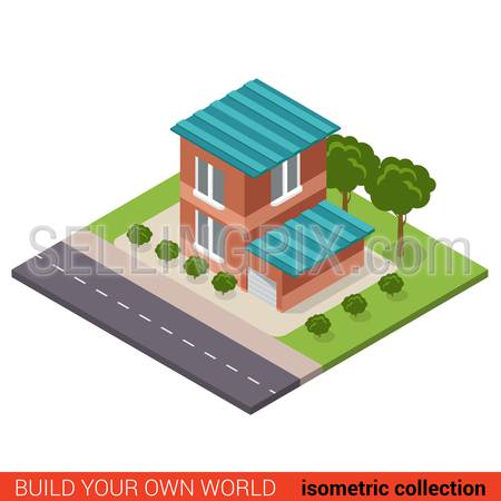 Flat 3d isometric creative modern two floor building block with garage info graphic concept. Build your own infographics world collection.