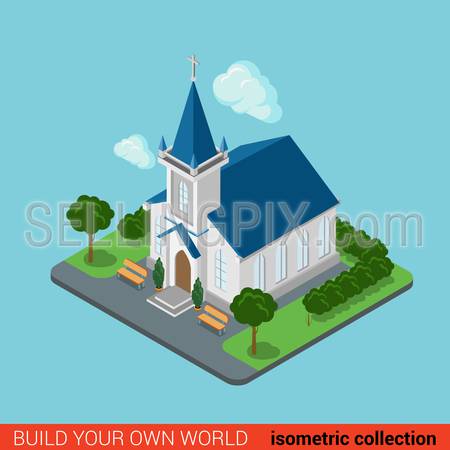 Flat 3d isometric creative modern Christian church building block info graphic concept. Build your own infographics world collection.