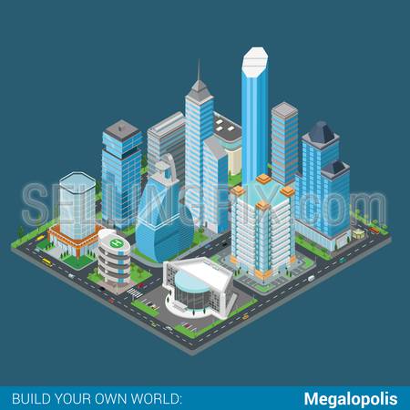 Flat 3d isometric megalopolis business city center building block infographic concept. Skyscrapers mall municipal office parking concert entertainment hall. Build your own infographics world collection