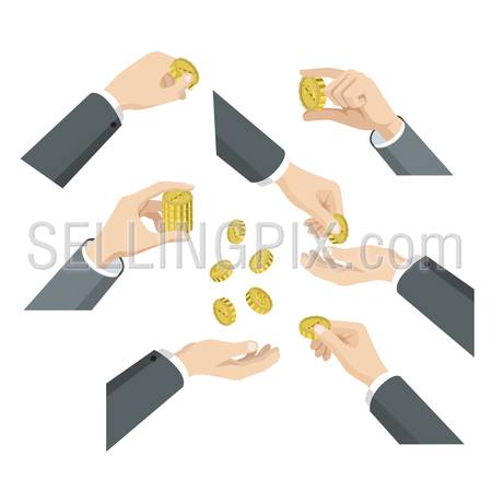 Flat 3d isometric set of hands with coins web infographics vector concept. Give take throw toss put in demonstrate. Creative people collection.