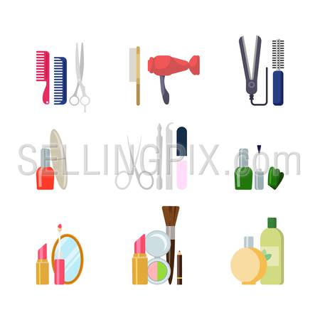 Flat style creative modern beauty shop salon web app concept icon set. Comb scissors hairdryer nail polish manicure makeup tools. Website icons collection.