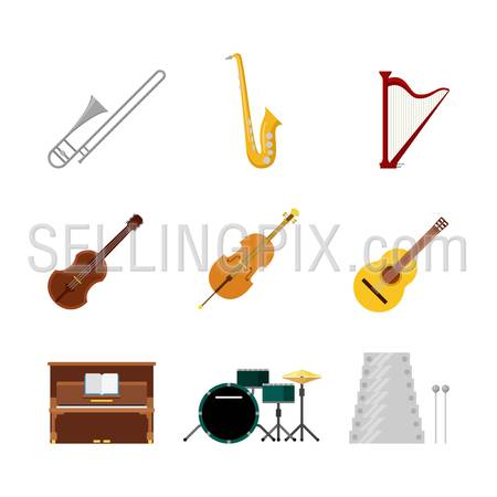 Flat style creative modern classic music band instruments web app concept icon set. Trombone saxophone harp sax guitar violin xylophone piano drum set cello. Website icons collection.