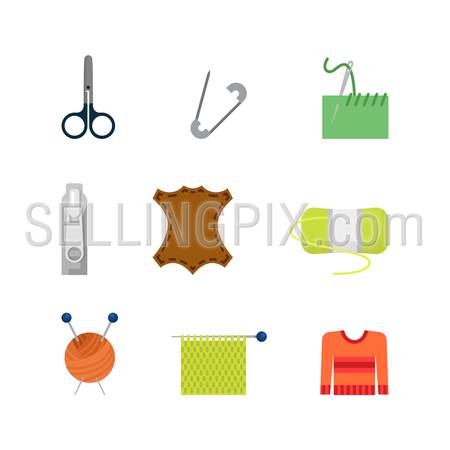 Flat style creative modern tailor shop seamstress sewer web app vector concept icon set. Knitting needles wool skin sample zip stitch pin seam. Website icons collection.