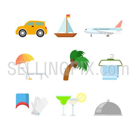 Flat style creative modern travel vacation web app concept icon set. Car boat yacht plane chaise longue lounge chair palm tree towel hanger cocktail. Website icons collection.