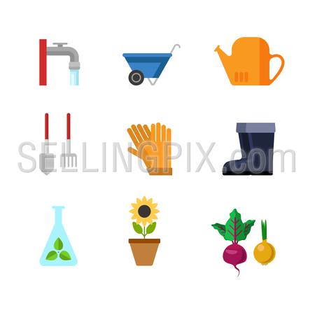 Flat style creative modern gardening tools clothing web app concept icon set. Outdoor water faucet wheelbarrow watering can shovel rake gloves rubber boots sunflower test-tube seedling. Website icons.