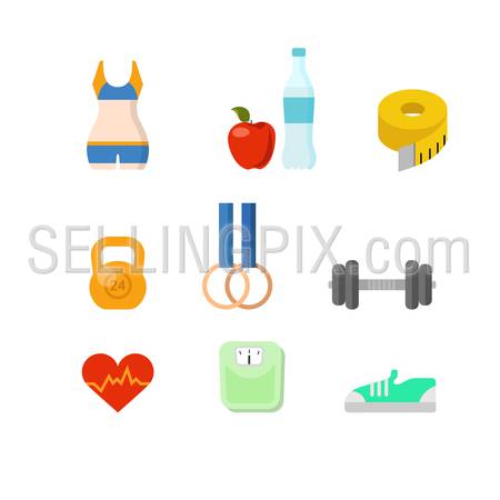 Flat style creative modern athletics sports competition sportsman health exercise web app concept vector icon set. Costume water meter tape weight rings barbells scales heart. Website icons collection